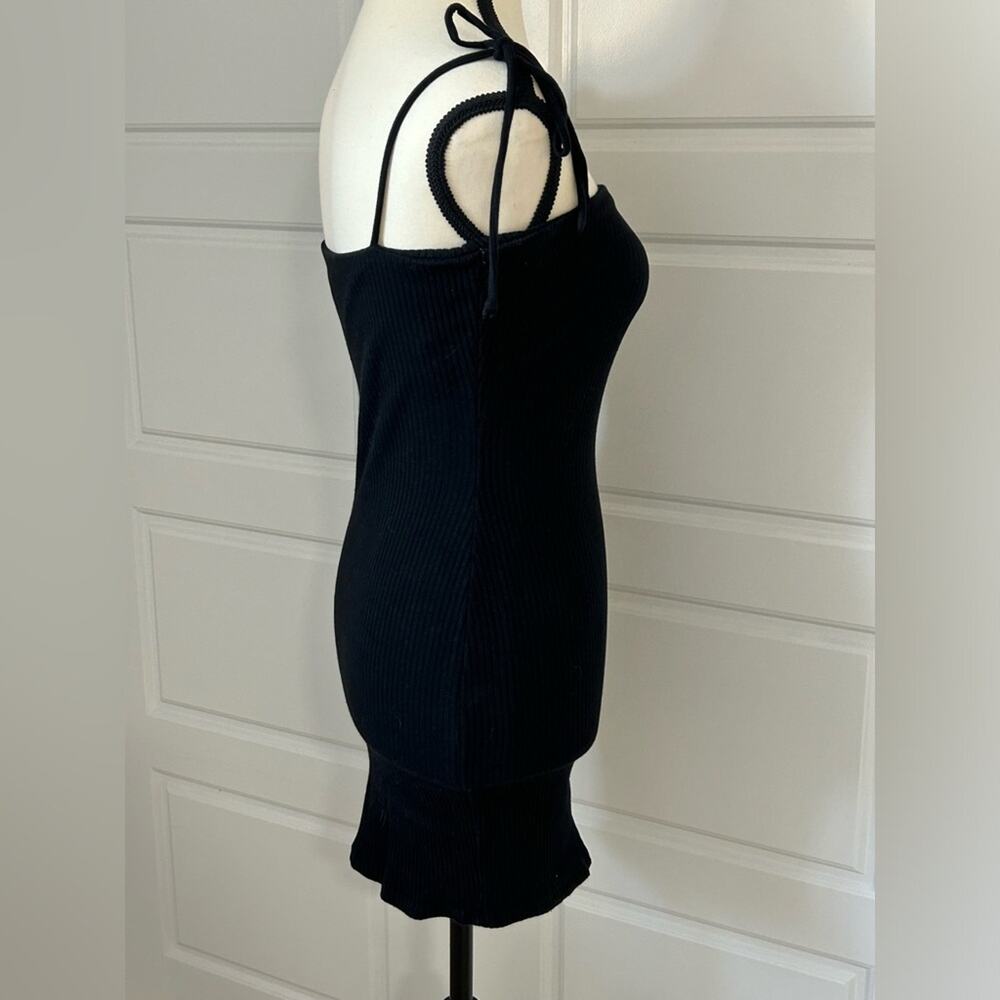 Princess Polly black ribbed mini dress bow tie strap slit size US 4 - Picture 4 of 9